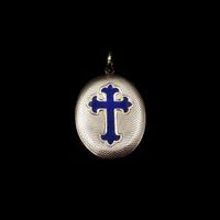 Antique Victorian Blue Enamel Cross Gold Oval Mourning Locket Pendant Antique Victorian Blue Enamel Cross Gold Oval Mourning Locket Pendant