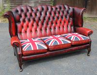 1960s Red Leather Chesterfield Wingback 3 Seater Sofa with Union Jack Cushions (2 of 4) 1960s Red Leather Chesterfield Wingback 3 Seater Sofa with Union Jack Cushions (2 of 4)
