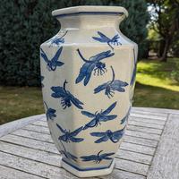 Vintage Chinese Vase Blue & White Dragonfly Oriental Hexagonal Baluster Urn