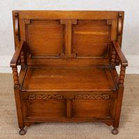 Oak Monks Bench Settle Carved Folding Hall Arts & Crafts (2 of 12) Oak Monks Bench Settle Carved Folding Hall Arts & Crafts (2 of 12)