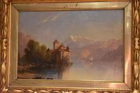 Alpine scene oil painting with castle by a lake (6 of 6) Alpine scene oil painting with castle by a lake (6 of 6)