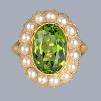 Antique Edwardian 18ct Gold Ring | Large Peridot & Pearl Cluster | Excellent Condition