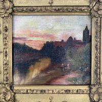 Antique Victorian signed oil painting river landscape at sunset in gesso frame (6 of 8) Antique Victorian signed oil painting river landscape at sunset in gesso frame (6 of 8)