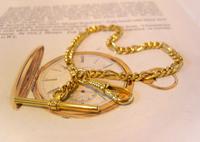 Pocket Watch Chain 12ct Gold Plated Fancy Figaro Link Vintage Albert & T Bar