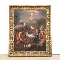 17th or 18th Century Oil on Canvas Depicting Birth of Christ