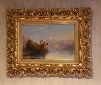 Alpine scene oil painting with castle by a lake (5 of 6) Alpine scene oil painting with castle by a lake (5 of 6)