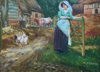 Wonderful Original Signed Vintage Oil Painting - Pretty Milkmaid in Farmyard (9 of 12) Wonderful Original Signed Vintage Oil Painting - Pretty Milkmaid in Farmyard (9 of 12)