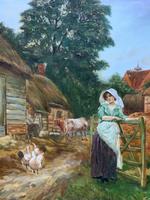 Wonderful Original Signed Vintage Oil Painting - Pretty Milkmaid in Farmyard (6 of 12) Wonderful Original Signed Vintage Oil Painting - Pretty Milkmaid in Farmyard (6 of 12)