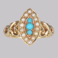 Antique Turquoise & Pearl Ring 18ct Gold Victorian Navette Shaped Ring circa 1890 (13 of 16) Antique Turquoise & Pearl Ring 18ct Gold Victorian Navette Shaped Ring circa 1890 (13 of 16)