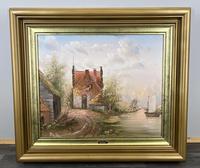 Vintage Signed Painting River Cottage Boats Gilt Frame (LOT 3867)
