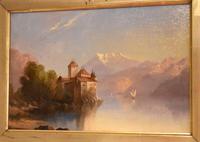 Alpine scene oil painting with castle by a lake (2 of 6) Alpine scene oil painting with castle by a lake (2 of 6)
