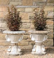 Super Pair of Early 20th Century Carved Marble Garden Urns Swans
