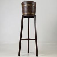 Antique 20th Century Brass Bound Barrel Plant Stand In Oak