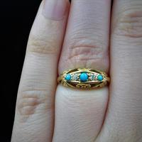 Antique Turquoise and Diamond Five Stone Scroll Boat 18ct 18K Yellow Gold Ring (5 of 10) Antique Turquoise and Diamond Five Stone Scroll Boat 18ct 18K Yellow Gold Ring (5 of 10)