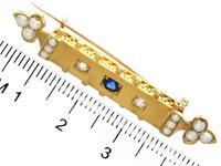 0.18ct Sapphire, Diamond & Pearl, 18ct Yellow Gold Bar Brooch - Antique Victorian c.1890 (7 of 9) 0.18ct Sapphire, Diamond & Pearl, 18ct Yellow Gold Bar Brooch - Antique Victorian c.1890 (7 of 9)