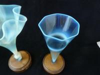2 Early James Powell Opalescent / Vaseline Glass Vases - Mounted on Stands 2 Early James Powell Opalescent / Vaseline Glass Vases - Mounted on Stands