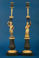 Antique Pair of French Gilt and Patinated Bronze Candlesticks, 19th Century