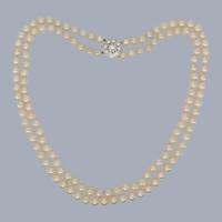 1960s Pearl Necklace 9ct White Gold with Diamond Clasp Double Strand Pearls London 1962 Hallmarked Boxed