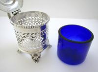 Large & Heavy Victorian Solid Sterling Silver & Blue Glass Liner Pierced Drum Mustard Pot Cruet, Antique English, Hallmarked (5 of 12) Large & Heavy Victorian Solid Sterling Silver & Blue Glass Liner Pierced Drum Mustard Pot Cruet, Antique English, Hallmarked (5 of 12)