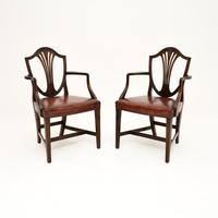 Pair of Antique Mahogany & Leather Carver Armchairs (1 of 8)