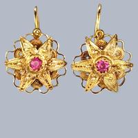 Victorian Ruby Floral Drop Earrings – 18ct Gold, Hook Fittings – Elegant Late Victorian Design