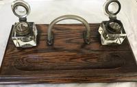 Antique Wooden Inkwell Stand / Aid with Two Glass Inkwells