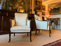 Exceptional Pair of Mahogany Inlaid Linen Silk Upholstered Bergere Armchairs (12 of 12) Exceptional Pair of Mahogany Inlaid Linen Silk Upholstered Bergere Armchairs (12 of 12)