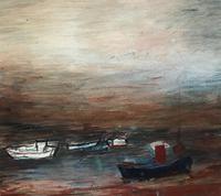 Original gouache painting 'evening on the estuary' by Doreen Heaton Potworowski. 1920-2014. Initialled c.1970. Framed in a tray format (2 of 2) Original gouache painting 'evening on the estuary' by Doreen Heaton Potworowski. 1920-2014. Initialled c.1970. Framed in a tray format (2 of 2)