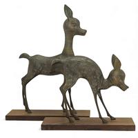 Elegant Mid-century Brass Sculptures of Deer & Fawn with warm patina on Wenge Plinths