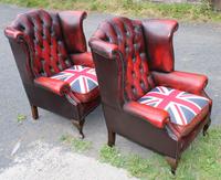 1960s Pair Red Leather Wingback Armchairs with Union Jack (3 of 4) 1960s Pair Red Leather Wingback Armchairs with Union Jack (3 of 4)