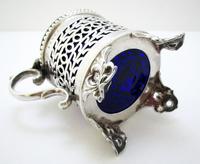 Large & Heavy Victorian Solid Sterling Silver & Blue Glass Liner Pierced Drum Mustard Pot Cruet, Antique English, Hallmarked (10 of 12) Large & Heavy Victorian Solid Sterling Silver & Blue Glass Liner Pierced Drum Mustard Pot Cruet, Antique English, Hallmarked (10 of 12)