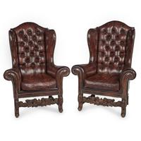 Fine Pair of 1920s Walnut & Leather Wing Chairs in Late Baroque Manner of Baronial Size & Scale