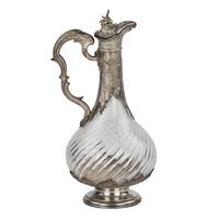 French Fluted Glass Wine Jug in Silver in the Style of Louis XV, Late 19th Century.
