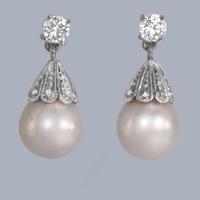 Vintage Diamond and Pearl Drop Earrings in 18ct White Gold Circa 1950s