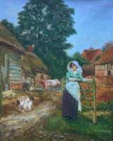 Wonderful Original Signed Vintage Oil Painting - Pretty Milkmaid in Farmyard (12 of 12) Wonderful Original Signed Vintage Oil Painting - Pretty Milkmaid in Farmyard (12 of 12)
