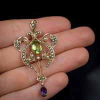 Antique Edwardian Amethyst Peridot & Pearl Lavalier 9ct 9K Yellow Gold Pendant (8 of 8) Antique Edwardian Amethyst Peridot & Pearl Lavalier 9ct 9K Yellow Gold Pendant (8 of 8)