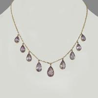 Edwardian 9ct Gold Amethyst Fringe Necklace Antique Graduated Pear-shaped Amethysts Drops Traditional Barrel Clasp c.1910