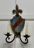 Pair of Wrought Iron Heraldic Shield Shaped Girandole Wall Mirrors (7 of 7) Pair of Wrought Iron Heraldic Shield Shaped Girandole Wall Mirrors (7 of 7)