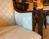 Exceptional Pair of Mahogany Inlaid Linen Silk Upholstered Bergere Armchairs (4 of 12) Exceptional Pair of Mahogany Inlaid Linen Silk Upholstered Bergere Armchairs (4 of 12)