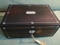 Inlaid Rosewood Jewellery Box + Tray. Plush Interior c 1845 (12 of 12) Inlaid Rosewood Jewellery Box + Tray. Plush Interior c 1845 (12 of 12)