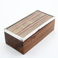 Hand Carved Peruvian Wood Box Silver Rim and Chancay Textile