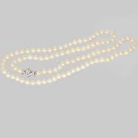 Vintage Long Pearl Necklace with 18ct White Gold Old Cut Diamond Clasp c.1950