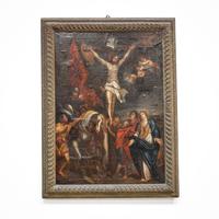17th Century Crucifixion Oil on Canvas Painting