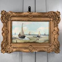 Antique coastal seascape oil painting of fishing boats signed YT (6 of 9) Antique coastal seascape oil painting of fishing boats signed YT (6 of 9)