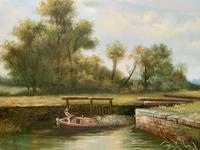 Superb Large Vintage Gilt-Framed Landscape Oil Painting of Barge on the Canal (5 of 13) Superb Large Vintage Gilt-Framed Landscape Oil Painting of Barge on the Canal (5 of 13)