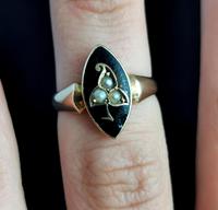 Antique Navette Mourning Ring, Black Enamel & Pearl, Ivy Leaf, 9ct Gold (10 of 10) Antique Navette Mourning Ring, Black Enamel & Pearl, Ivy Leaf, 9ct Gold (10 of 10)