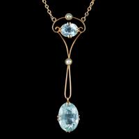 Antique Edwardian Aquamarine Pearl Lavaliere Necklace 9ct Gold 4.30ct of Aqua c.1905 (2 of 7) Antique Edwardian Aquamarine Pearl Lavaliere Necklace 9ct Gold 4.30ct of Aqua c.1905 (2 of 7)