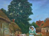 Wonderful Original Signed Vintage Oil Painting - Pretty Milkmaid in Farmyard (11 of 12) Wonderful Original Signed Vintage Oil Painting - Pretty Milkmaid in Farmyard (11 of 12)