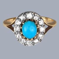 Victorian Turquoise and Rose Cut Diamond Cluster Ring – 15ct Gold, Circa 1880