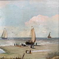 Antique coastal seascape oil painting of fishing boats signed YT (7 of 9) Antique coastal seascape oil painting of fishing boats signed YT (7 of 9)